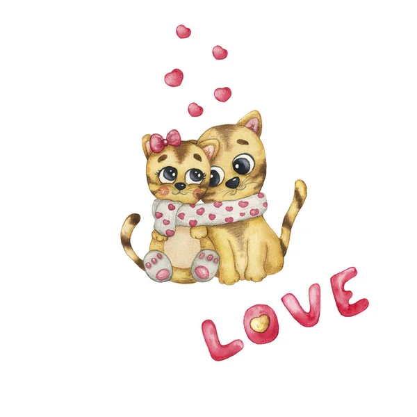 Gatos aquarela em um lenço com corações com texto Amor, ilustração para Dia dos Namorados. Isolado em fundo branco. Use para cartão, cartão postal, cartaz Imagens De Bancos De Imagens