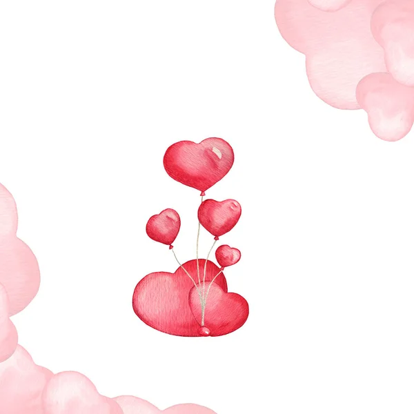Corações cor-de-rosa aquarela com balões isolados sobre fundo branco. Ilustração para Valentim Uso do dia para scrapbooking, cartão, cartão postal Imagem De Stock
