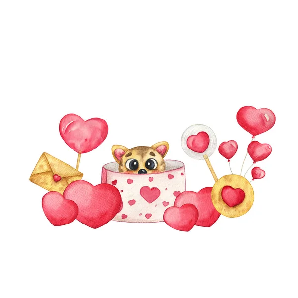 Gato aquarela em caixa com coração com balão, pirulito e carta, ilustração para o Dia dos Namorados. Isolado em fundo branco. Use para cartão, cartão postal, cartaz Fotos De Bancos De Imagens