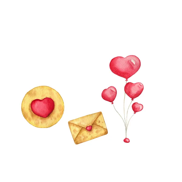 Υδατογραφία χέρι που έχει σχεδιαστεί για αυτοκόλλητα ή scrapbooking με ροζ καρδιά, μπαλόνια καρδιά, γράμμα, cookie απομονώνονται σε λευκό φόντο. Ημέρα του Αγίου Βαλεντίνου σχεδιασμός χρήση για την κάρτα, κάρτα — Φωτογραφία Αρχείου