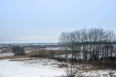 Soğuk kış günü karla kaplı topraklar ve ağaçlar, kış köyü