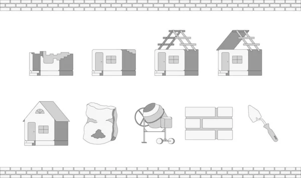 Illustration of construction icons on a white background. A set for builders, simple icons, houses, everything for construction, ready to use, eps. For your design