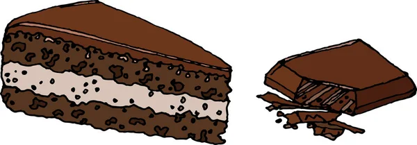 Illustration eines Schokoladenkuchens und Schokolade auf weißem Hintergrund. Süße Torte, Kuchen und Zutaten, Süßigkeiten, Schokolade, gebrauchsfertig, eps. Für Ihr Design — Stockvektor