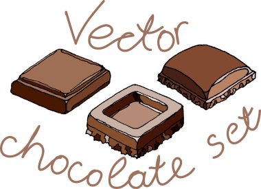 Beyaz arka planda çikolata parçalarından oluşan bir çizim seti. Şeker, abur cubur, bir parça çikolata, çikolata, kullanıma hazır. Tasarımın için.