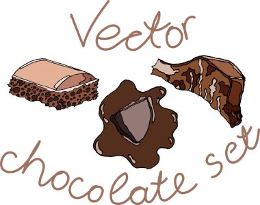 Beyaz arka planda çikolata parçalarından oluşan bir çizim seti. Şeker, abur cubur, bir parça çikolata, çikolata, kullanıma hazır. Tasarımın için.