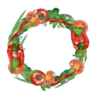 Beyaz arka planda renkli sebzelerden oluşan suluboya bir çelenk. Menü tasarımı, kartpostallar, davetiyeler, tekstil için.