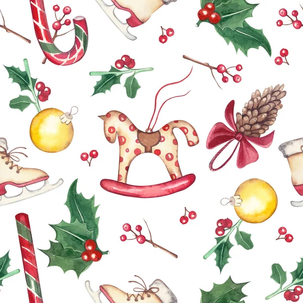Nahtloses Muster mit Weihnachtsspielzeug auf weißem Hintergrund. Perfekt für Design, Textilien, Tapeten, Scrapbooking. — Stockfoto