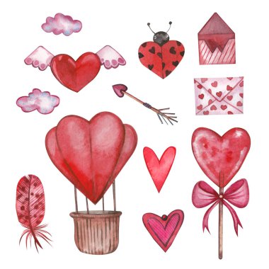 Sevgililer Günü için suluboya elementler. Davetiye kartı tasarımı ve düğün dekorasyonu için uygun.