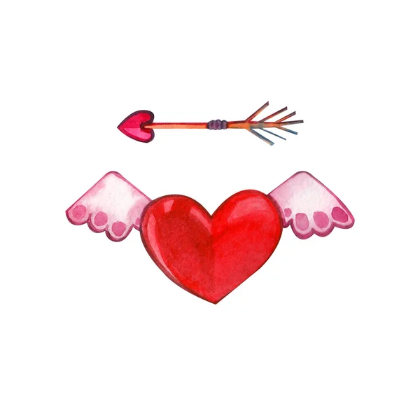 Corazón con alas y cupidos flecha sobre un fondo blanco. Adecuado para el diseño de postales, invitaciones. — Foto de Stock