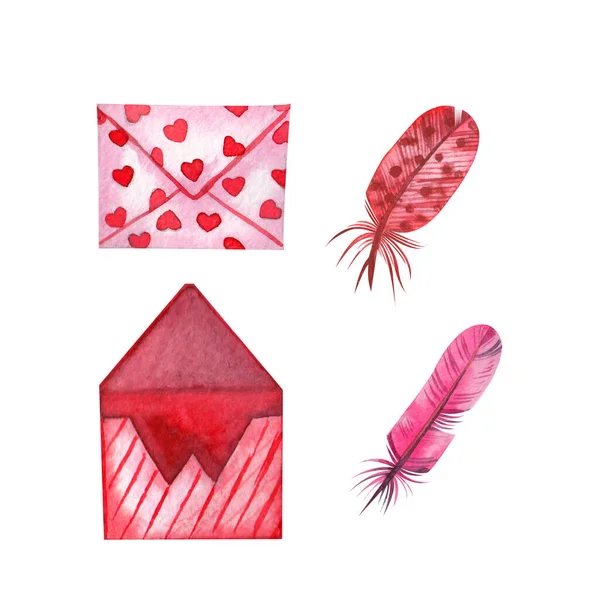 Набор акварельных элементов, конверты с перьями ярко-розового цвета изолированы на белом фоне. Подходит для оформления ткани, открыток, приглашений. — стоковое фото
