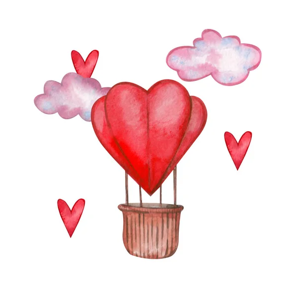 A hand-painted watercolor balloon with clouds on a white background. Suitable for the design of printing, postcards, invitations. — Stock Photo, Image