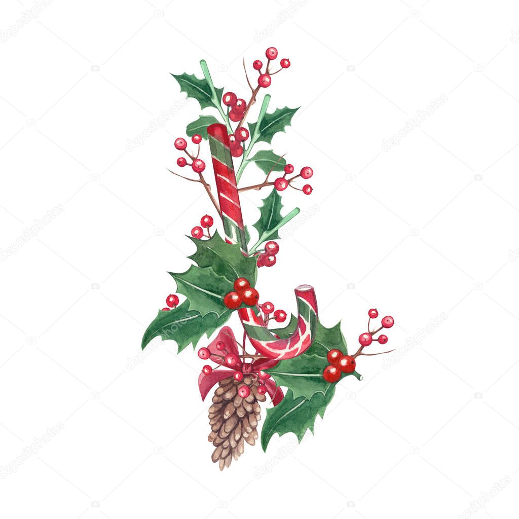 Christmas composition of Christmas decorations hand-painted in watercolor, isolated on a white background. It is perfect for the design of printing, postcards, invitations, textiles.