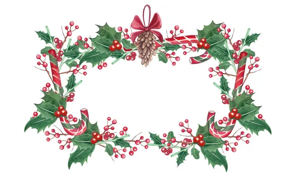 Beyaz arka planda bir Noel oyuncağı çerçevesi. Koniler, yaylar, kutsal meyveler suluboya elle boyanmış. Davetiye, kartpostal ve tekstil tasarımı için uygun.