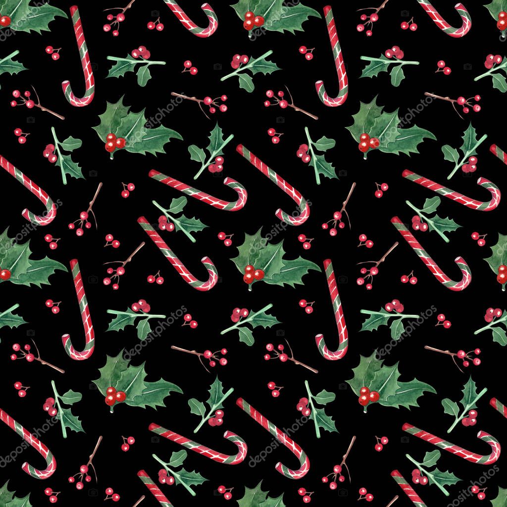 Seamless pattern drawn in watercolor. On a dark background Christmas items: holly, holly berries, caramel cane. Suitable for the design of invitations, textiles, wrapping paper.