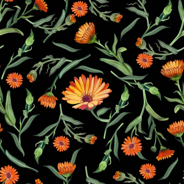 Portakal çiçekleri ve yeşil takvim yapraklı kusursuz desenli koyu bir arka planda, suluboya elle boyanmış. Tekstil tasarımı, yapıştırma kitabı, duvar kağıdı ve kağıt basmaya elverişli.