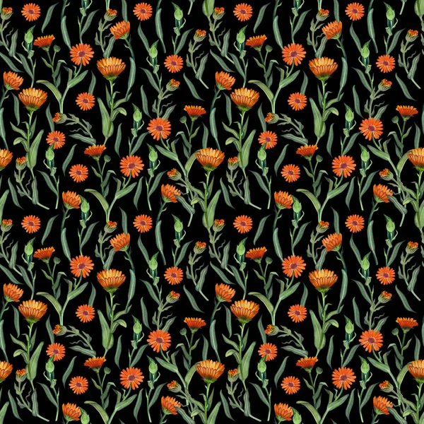 Płynny Wzór Pomarańczowymi Kwiatami Zielonymi Liśćmi Nagietka Ciemnym Tle Ręcznie — Zdjęcie stockowe