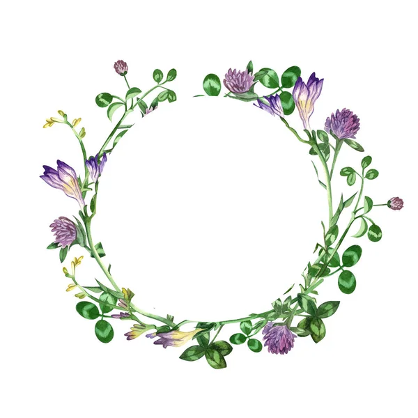 A round wreath isolated on a white background, hand-painted in watercolor. Suitable for graphic design, wedding invitations, postcards. — 图库照片