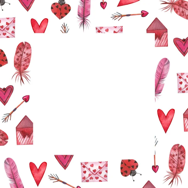 Square frame for Valentines Day with hand-painted watercolor elements: hearts, love letters, Cupids arrows, feathers on a white background. Suitable for design, invitations, postcards. — Stockfoto