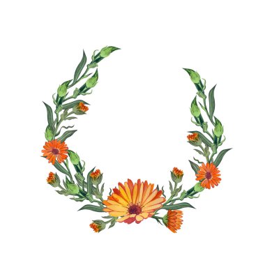 Suluboya ile elle boyanmış bir çiçek çelengi. Kartpostal, davetiye, kozmetik ve ilaç etiketleri tasarlamak için uygun.