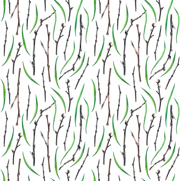 Seamless watercolor pattern, spring twigs and shoots hand-painted in watercolor on a white background. Perfect for textile design, printing, postcards, invitations. — Stock Photo, Image