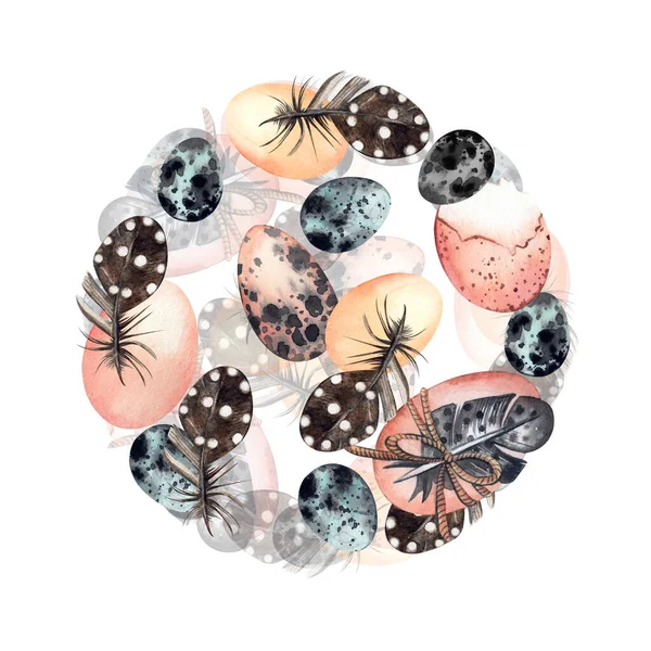 Round composition of Easter eggs and bird feathers on a white background. All elements are hand-painted in watercolor. Suitable for the design of postcards, invitations. — Stock Photo, Image