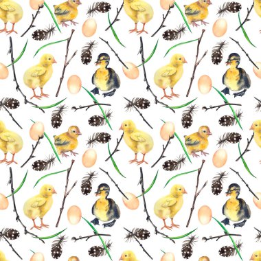 Tavukların, ördeklerin, bahar dallarının, tüylerin ve yumurtaların beyaz arka planda suluboya boyayla boyandığı kusursuz bir desen..