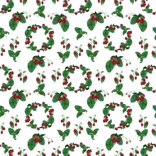 Seamless pattern with raspberry berry and green leaves hand-painted in watercolor on a white background. — Stock Photo, Image