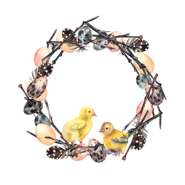 En vårkrans av unga grenar, fjädrar och fågelägg handmålade i akvarell på en vit bakgrund. — Stockfoto