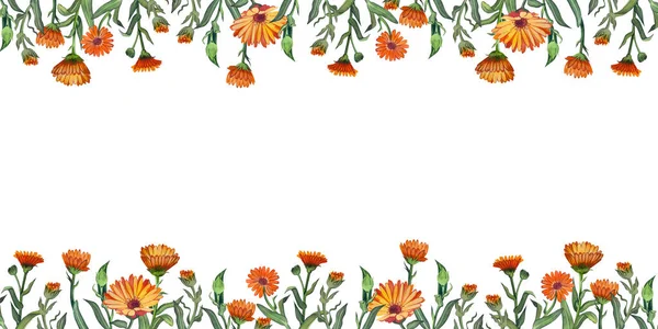 水彩で描かれた白地にオレンジ色の花の長方形の旗. ロイヤリティフリーのストック画像