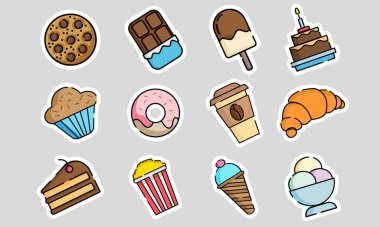 Basit ve doğrusal çıkartmalar, çıkartmalar, şekerli ikonlar, tatlılar, kahve