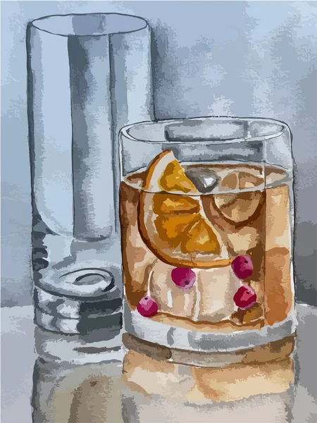 Acuarela Ilustración Vasos Transparentes Con Hielo Bebidas Cócteles Coñac Whisky — Archivo Imágenes Vectoriales