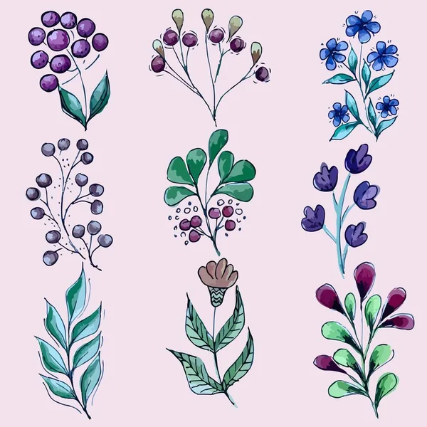 Set Stilisierter Vintage Aquarellzweige Blumen Blätter Für Karten Muster Dekor — Stockvektor
