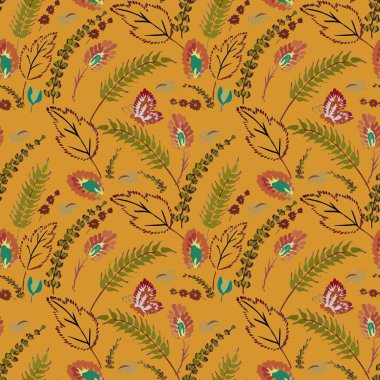 Suluboya, el yapımı, desen, dikişsiz, çiçekler, mısır, yaprak, duvar kağıdı, arkaplan, değişken, vintage, giysiler, kapak, kumaş, tekstil, doku