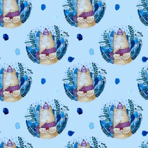 Aquarell Handgemacht Muster Nahtlos Fuchs Blau Weiß Grafik Tapete Hintergrund — Stockvektor