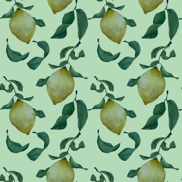 水彩画矢量图案 无缝与黄色柠檬和叶子 — 图库矢量图片