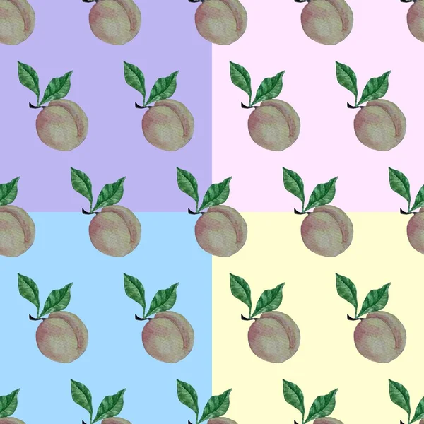 Watercolor Hand Drawn Vector Seamless Pattern Pink Yellow Peaches Leaves — ストックベクタ