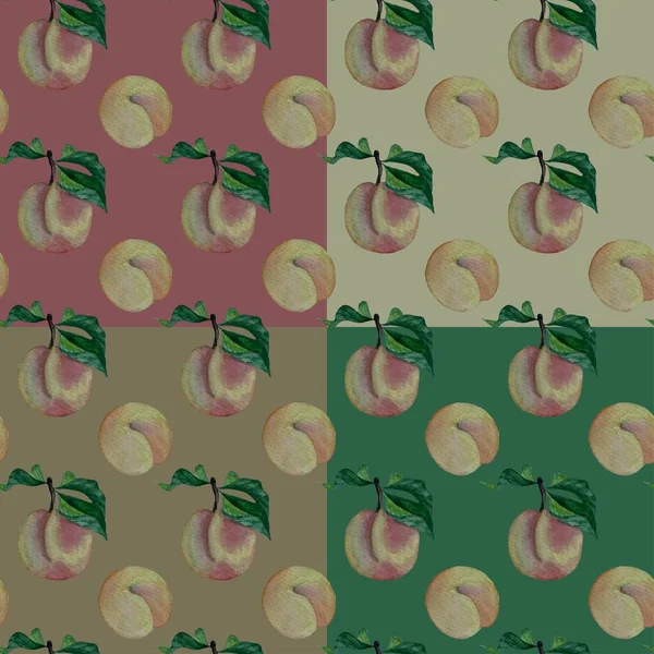 Watercolor Hand Drawn Vector Seamless Pattern Pink Yellow Peaches Leaves — 스톡 벡터