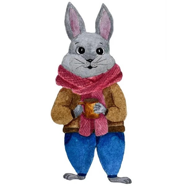 watercolor hand drawn a gray hare, a rabbit in blue pants, a brown sweater, a red scarf with a cup in his hands