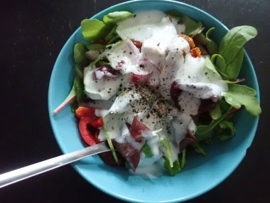 sağlıklı bir porsiyon taze sebze vitamin salatası.