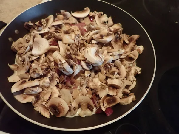 Preparação Caseira Cebola Frita Com Cogumelos — Fotografia de Stock