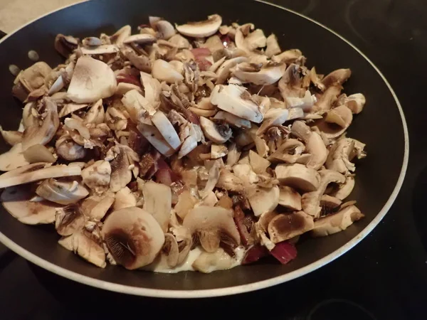 Preparação Caseira Cebola Frita Com Cogumelos — Fotografia de Stock