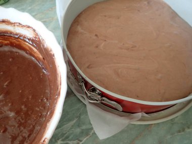 kitchen process of baking on homemade sweet chocolate cake