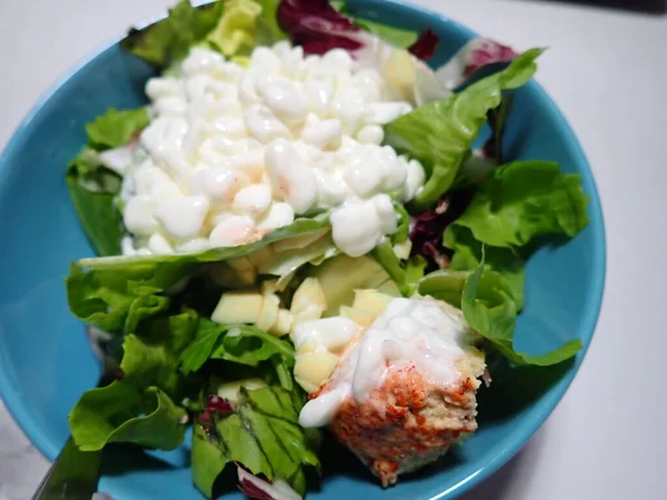 Portion Fresh Vegetable Salad Served Bowl — Foto Stock
