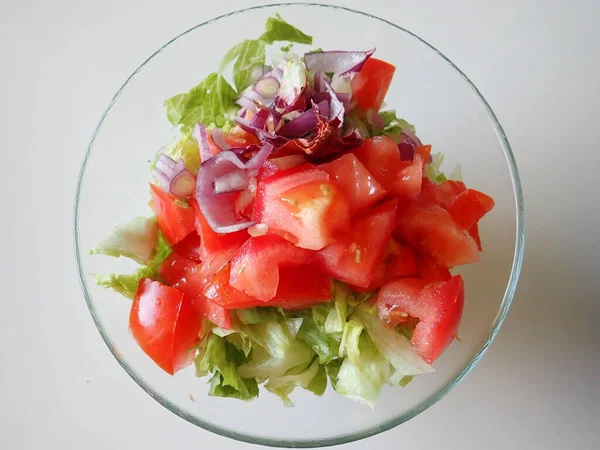 Portion Fresh Vegetable Salad Served Bowl — Stock Photo, Image