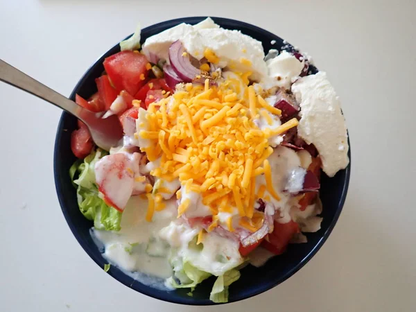 Portion Fresh Vegetable Salad Served Bowl — Stock Photo, Image