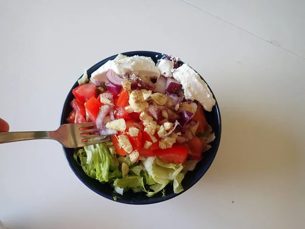 Portion Fresh Vegetable Salad Served Bowl — Foto Stock