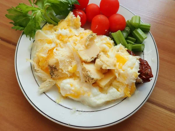 Portion Scrambled Eggs Vegetables Cheese Plate — Stok fotoğraf