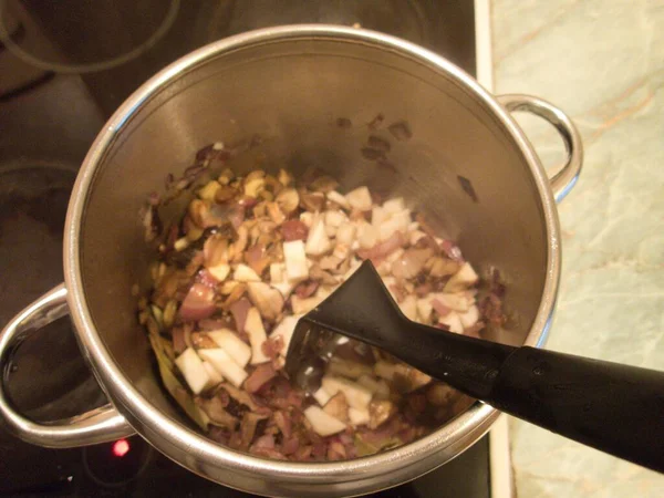Приготовление Домашнего Овощного Супа Кухне — стоковое фото