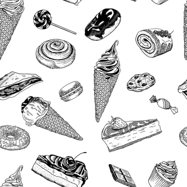 手描きのインクベクトルのシームレスなパターンをデザート アイスクリーム カップケーキ チーズケーキ バスケットロール クッキー キャンディー ロリポップ ドーナツ ケーキ — ストックベクタ