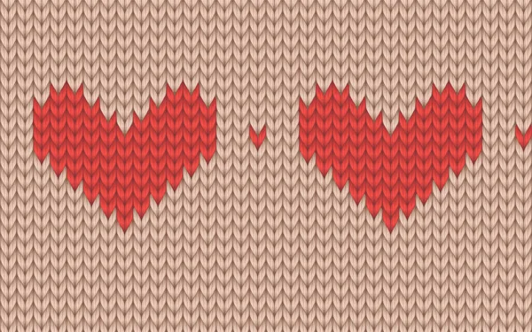 Knitting Texture Vector Seamless Pattern Red Heart Beige — Stock Vector